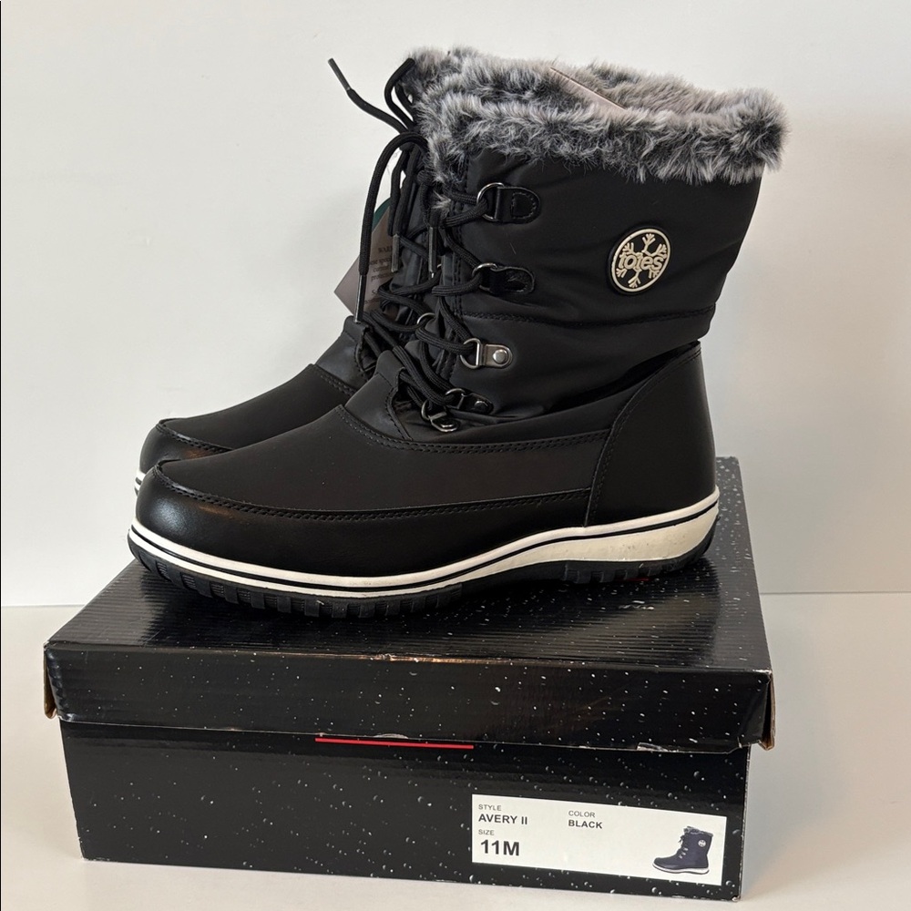 Totes Black Winter Boots with Faux Fur Trim, NIB